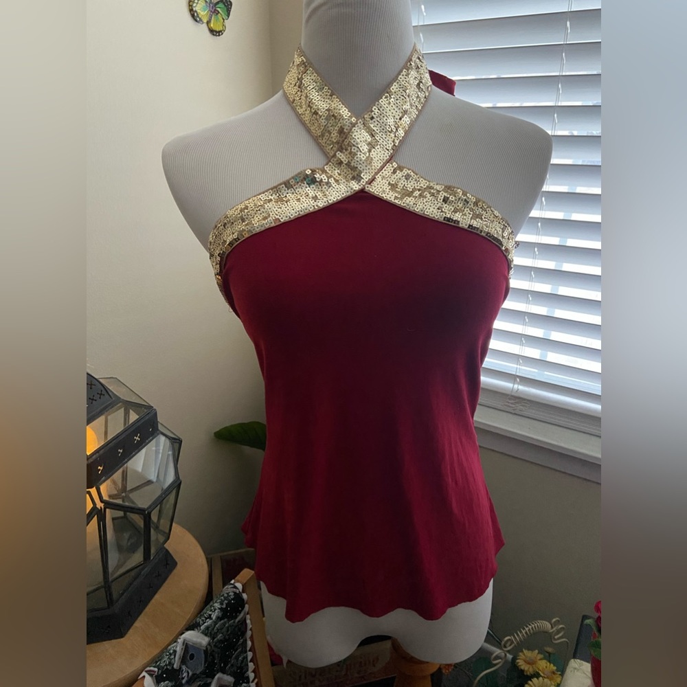 Girls Only halter top dark re w/gold sequence